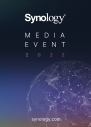 Plakat - czarnoniebieskie tło a na nim zarys kuli ziemskiej i napis Synology Event Media 2022