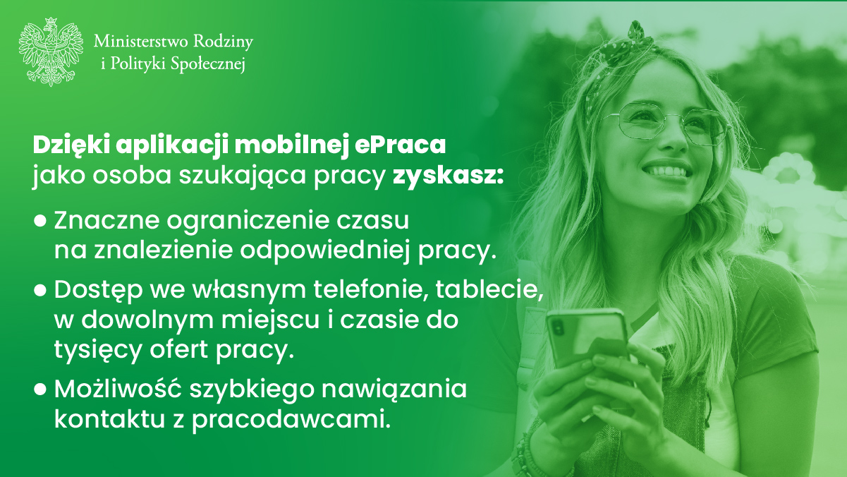 Infografika przedstawiająca główne zalety proggramu ePraca, wymienione w tekście tego artykułu.