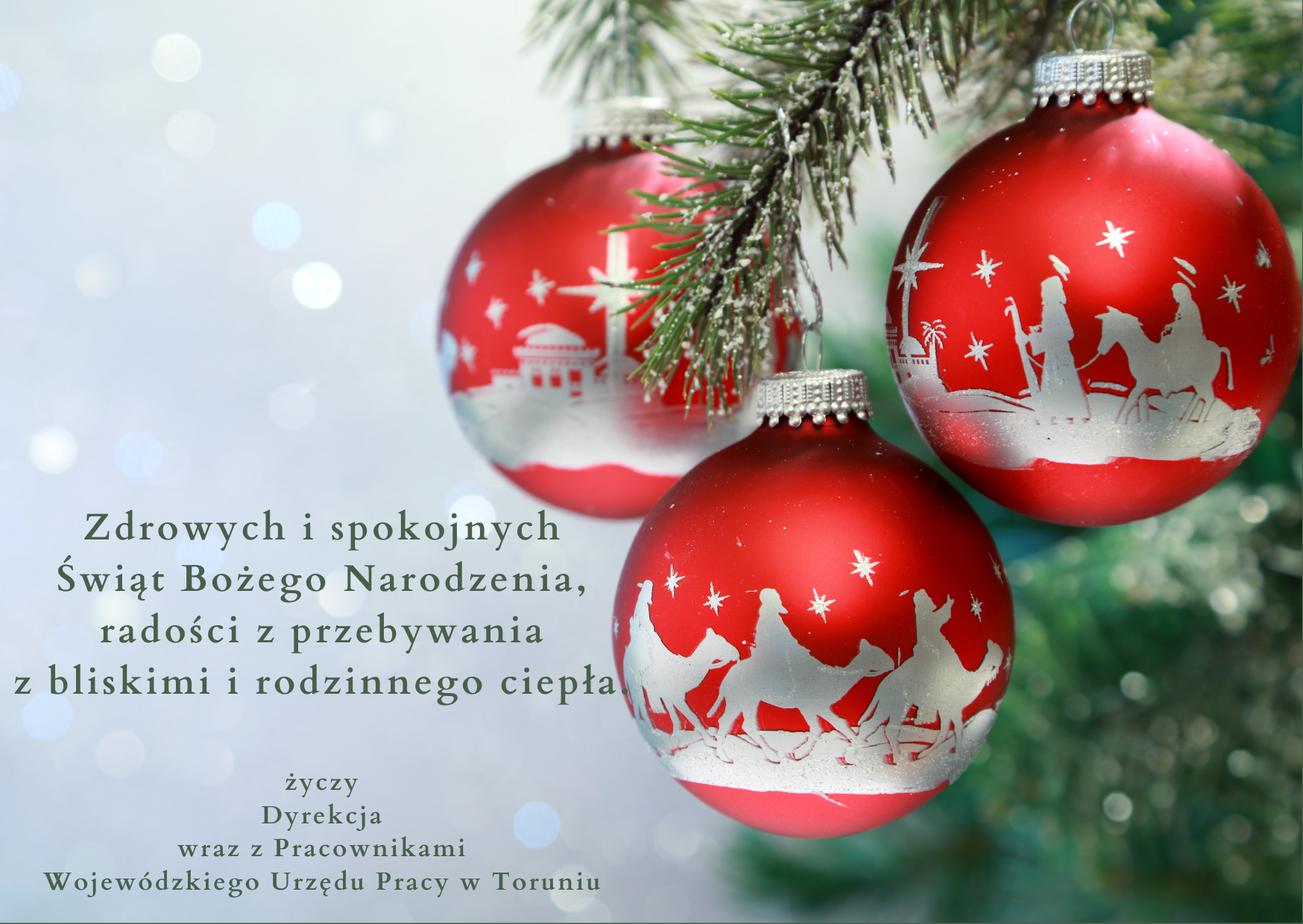 Zdrowych i spokojnych Świąt Bożego Narodzenia, radości z przebywania z bliskimi i rodzinnego ciepła życzy Dyrekcja wraz z Pracownikami Wojewódzkiego Urzędu Pracy w Toruniu
