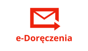 Logo systemu e-Doręczenia. Widać Czerwoną kopertę ze strzałką.